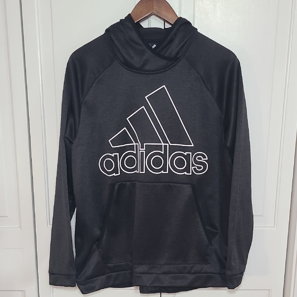 Adidas Charcoal Black White Long Sleeve Pull over Hoodie with Logo XL Climawarm